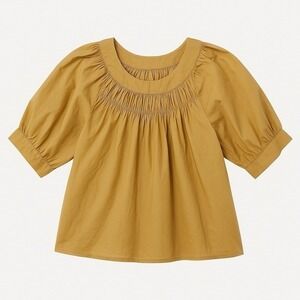 J. Crew Smocked Poplin Puff Sleeve Top‎ SZ S Honey Brown Regenerative Cotton